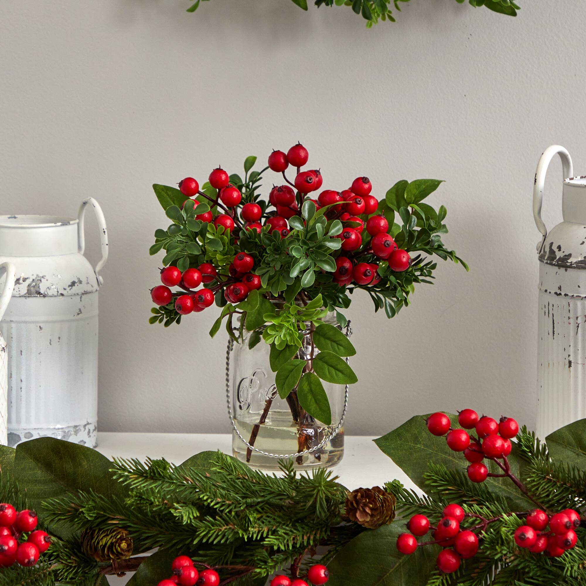 11" Berry Boxwood Arrangement in Glass Jar